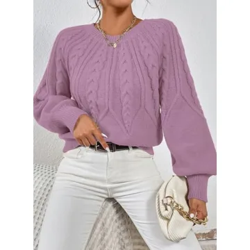 Dokotoo Oversized Sweaters for Womens Fashion 2024 Cable Knit Fall Outfits Elegant Crewneck Long Sleeve Shirts Loose Chunky Outerwear Purple Tops X-Large