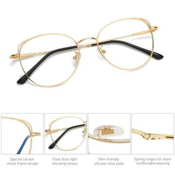 SOJOS Cat Eye Blue Light Blocking Glasses for Woman Hipster Metal Frame Womens Eyeglasses She Young SJ5027, Gold Frame/Anti-Blue Light Lens