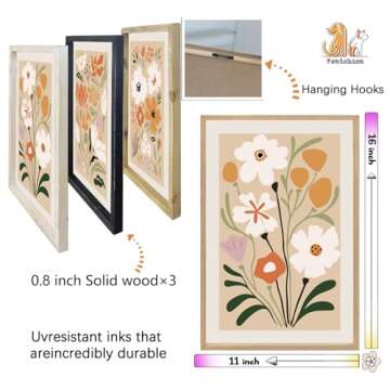 Boho Flowers Wall Art Sign Set of 3 16"x11" Mid Century Modern Minimalist Wooden Framed Abstract Flower for Vintage Living Room Bedroom Wall Hanging Decor (Wood)