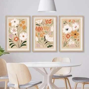 Boho Flowers Wall Art Sign Set of 3 16"x11" Mid Century Modern Minimalist Wooden Framed Abstract Flower for Vintage Living Room Bedroom Wall Hanging Decor (Wood)