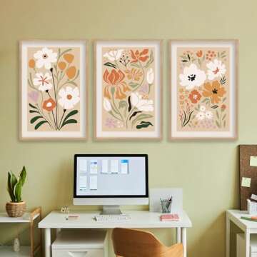 Boho Flowers Wall Art Sign Set of 3 16"x11" Mid Century Modern Minimalist Wooden Framed Abstract Flower for Vintage Living Room Bedroom Wall Hanging Decor (Wood)