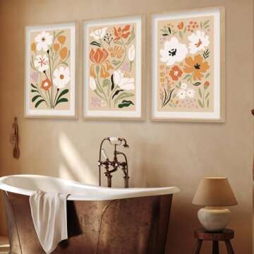 Boho Flowers Wall Art Sign Set of 3 16"x11" Mid Century Modern Minimalist Wooden Framed Abstract Flower for Vintage Living Room Bedroom Wall Hanging Decor (Wood)