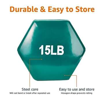 Amazon Basics Vinyl Coated Dumbbell Hand Weights, 15 Pounds, Pair, Teal