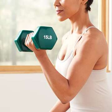 Amazon Basics Vinyl Coated Dumbbell Hand Weights, 15 Pounds, Pair, Teal