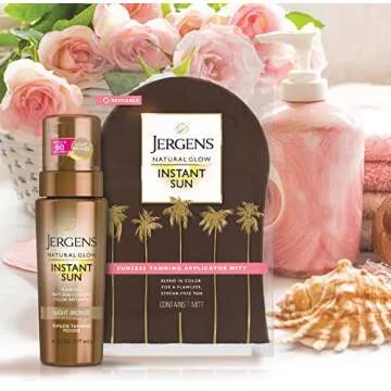 Jergens Natural Glow Instant Sun Body Mousse, Light Bronze Tan, 6 Ounce Sunless Tanning with Natural Glow Body Applicator Mitt, Flawless, Streak-free Tanning Blender Glove