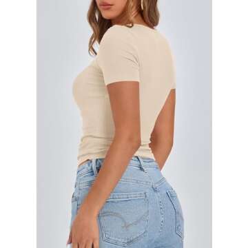 PRETTYGARDEN Women's 2025 Summer Short Sleeve Tops Ribbed Knit Henley Button Up Slim Fit Basic Casua...