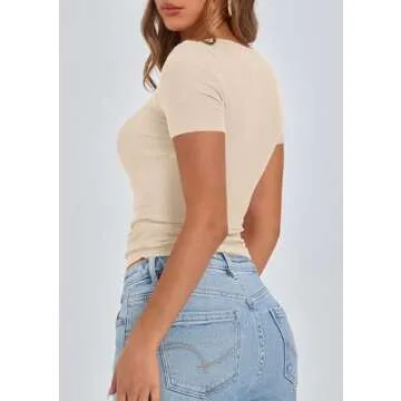 PRETTYGARDEN Women's 2025 Summer Short Sleeve Tops Ribbed Knit Henley Button Up Slim Fit Basic Casua...