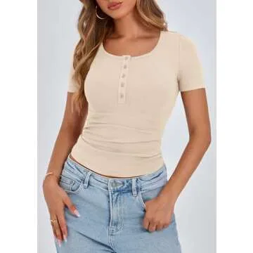 PRETTYGARDEN Women's 2025 Summer Short Sleeve Tops Ribbed Knit Henley Button Up Slim Fit Basic Casual T Shirts Blouse (Beige,X-Small)