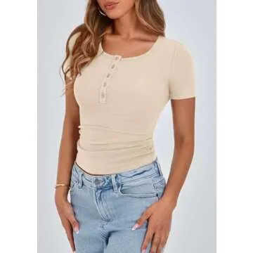 PRETTYGARDEN Women's 2025 Summer Short Sleeve Tops Ribbed Knit Henley Button Up Slim Fit Basic Casual T Shirts Blouse (Beige,X-Small)