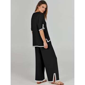 ANRABESS Two Piece Outfits for Women 2024 Fashion Short Sleeve Tops Wide Leg Pants Trendy Knit Sweater Lounge Clothes Sets Black X-Small