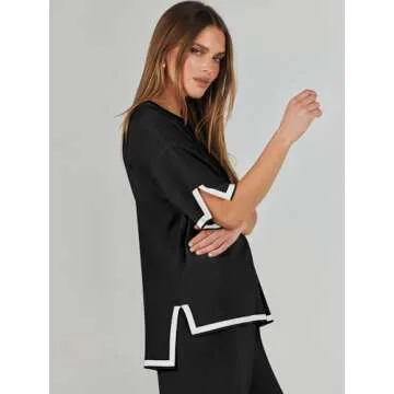 ANRABESS Two Piece Outfits for Women 2024 Fashion Short Sleeve Tops Wide Leg Pants Trendy Knit Sweater Lounge Clothes Sets Black X-Small