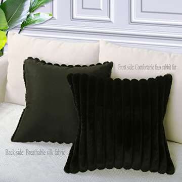 Throw Pillow Covers Decorative Set of 2, 20x20 Striped Plush Faux Fur Accent Pillows for Sofa Living Room (Black)