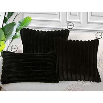 Throw Pillow Covers Decorative Set of 2, 20x20 Striped Plush Faux Fur Accent Pillows for Sofa Living Room (Black)
