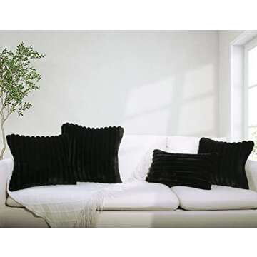 Throw Pillow Covers Decorative Set of 2, 20x20 Striped Plush Faux Fur Accent Pillows for Sofa Living Room (Black)