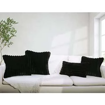 Throw Pillow Covers Decorative Set of 2, 20x20 Striped Plush Faux Fur Accent Pillows for Sofa Living Room (Black)