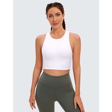 CRZ YOGA Butterluxe Racerback High Neck Longline Sports Bras for Women - Padded Workout Crop Tank Tops with Built in Bra White Medium