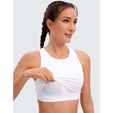 CRZ YOGA Butterluxe Racerback High Neck Longline Sports Bras for Women - Padded Workout Crop Tank Tops with Built in Bra White Medium