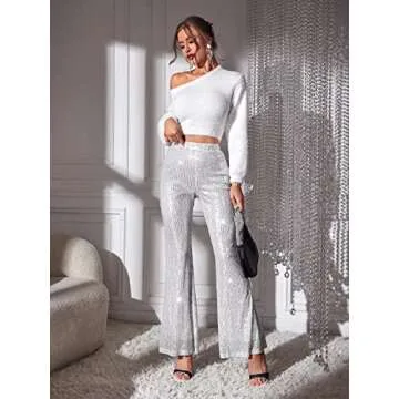 Floerns Silver Sequin High Waist Flare Leg Pants