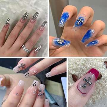 50 Pcs Cross Nail Art Charm Decoration 3D Silver Metal Cross Nail Charms, Punk Vintage Nail Accessories for Women DIY Nail Designs Supplies