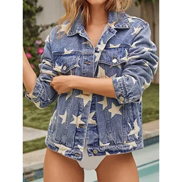 Women's Starlit Pocketed Denim Jacket Trendy Oversized Fit