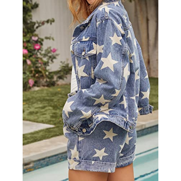 Women's Starlit Pocketed Denim Jacket Trendy Oversized Fit