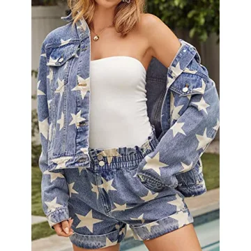 Women's Starlit Pocketed Denim Jacket Trendy Oversized Fit