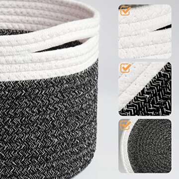 Small Rope Basket small Round Woven Basket With Handle 9.5x9.5x7.1 in Cute Cotton Basket Nursery Shelf Small Storage Basket Stitching Black Beige Mixed Design Style 8.2L…