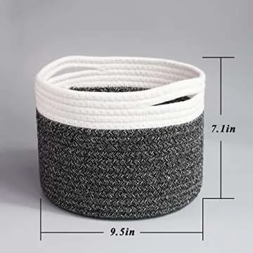 Small Rope Basket small Round Woven Basket With Handle 9.5x9.5x7.1 in Cute Cotton Basket Nursery Shelf Small Storage Basket Stitching Black Beige Mixed Design Style 8.2L…