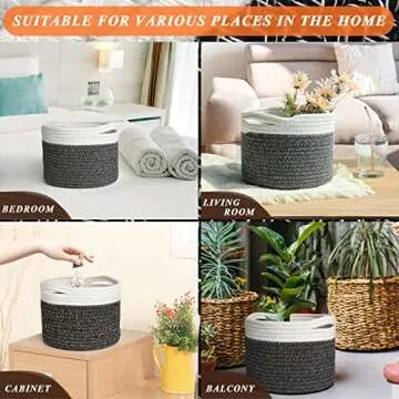 Small Rope Basket small Round Woven Basket With Handle 9.5x9.5x7.1 in Cute Cotton Basket Nursery Shelf Small Storage Basket Stitching Black Beige Mixed Design Style 8.2L…