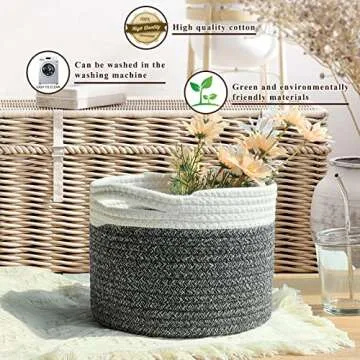 Small Rope Basket small Round Woven Basket With Handle 9.5x9.5x7.1 in Cute Cotton Basket Nursery Shelf Small Storage Basket Stitching Black Beige Mixed Design Style 8.2L…