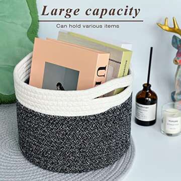 Small Rope Basket small Round Woven Basket With Handle 9.5x9.5x7.1 in Cute Cotton Basket Nursery Shelf Small Storage Basket Stitching Black Beige Mixed Design Style 8.2L…