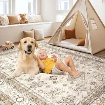 Vintage Living Room Area Rug 5x7 - Large Soft Washable Oriental Traditional Distressed Farmhouse Rugs for Bedroom - Indoor Floor Accent Carpet for Home Office House Decor - Beige