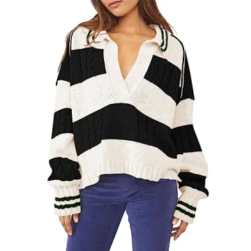 Women's 2024 Fall Casual Oversized Pullover Sweaters Polo V Neck Long Sleeve Cable Knit Colorblock S...