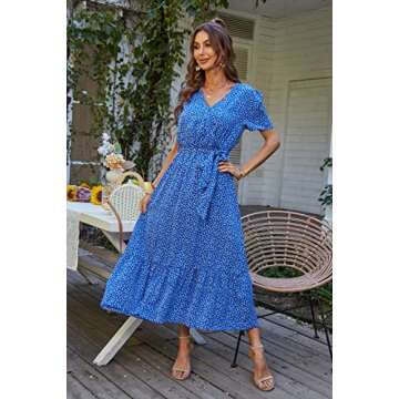 PRETTYGARDEN Women's Summer Floral Boho Dress Wrap V Neck Short Sleeve Ruffle A-Line Flowy Maxi Wedding Guest Dresses (Blue Floral,Small)
