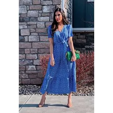 PRETTYGARDEN Women's Summer Floral Boho Dress Wrap V Neck Short Sleeve Ruffle A-Line Flowy Maxi Wedding Guest Dresses (Blue Floral,Small)