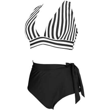 COCOSHIP Black & White Stripe High Waist Two Piece Bikini Set