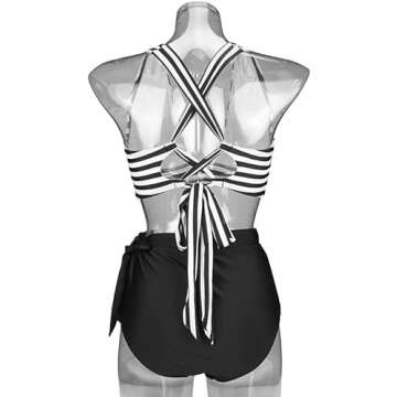 COCOSHIP Black & White Stripe High Waist Two Piece Bikini Set