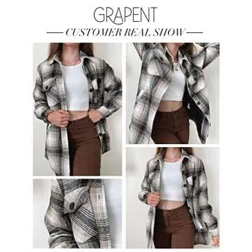 GRAPENT Women's Casual Oversized boyfriend Plaid Button Down Long Sleeve Shirt Quilted Lined Flannel Shacket Jacket Coat Outerwear Khaki Color Size Small