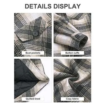 GRAPENT Women's Casual Oversized boyfriend Plaid Button Down Long Sleeve Shirt Quilted Lined Flannel Shacket Jacket Coat Outerwear Khaki Color Size Small