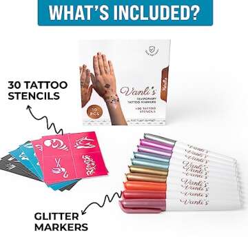 Vanli's Metallic 10 Temporary Tattoo Markers - Vibrant Body Art with 30 Stencils