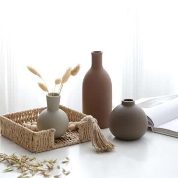 Ceramic Vase Set of 3, Vases Home Decor Rustic Vase Farmhouse Decor Vase Terra Cotta Pottery Vases for Bouquet Pampas Grass Dried Fresh Flowers, Living Room, Kitchen, Bedroom, Entryway Decor- Brown