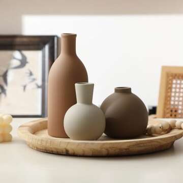 Ceramic Vase Set of 3, Vases Home Decor Rustic Vase Farmhouse Decor Vase Terra Cotta Pottery Vases for Bouquet Pampas Grass Dried Fresh Flowers, Living Room, Kitchen, Bedroom, Entryway Decor- Brown