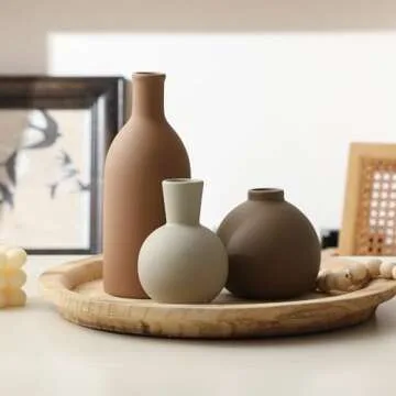 Ceramic Vase Set of 3, Vases Home Decor Rustic Vase Farmhouse Decor Vase Terra Cotta Pottery Vases for Bouquet Pampas Grass Dried Fresh Flowers, Living Room, Kitchen, Bedroom, Entryway Decor- Brown