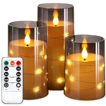 NURADA Flickering Flameless Candles: Built-in Star String Lights Unbreakable 3D Wick Acrylic Battery...