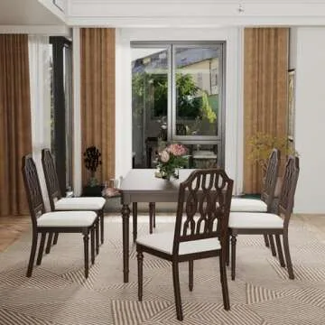 Kmax Dining Chairs Set of 2 Light Luxury Carving Craft Dining Room Chair with Brown Wood Frame Upholstered Seat Armless Chair with Lattice Back for Kitchen, White Chenille