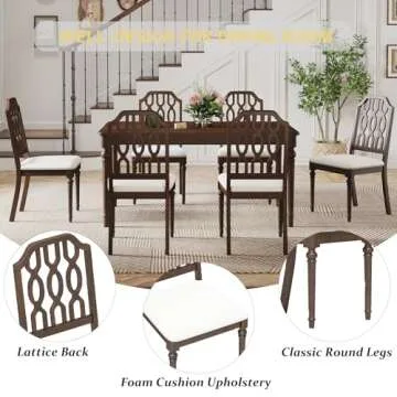 Kmax Dining Chairs Set of 2 Light Luxury Carving Craft Dining Room Chair with Brown Wood Frame Upholstered Seat Armless Chair with Lattice Back for Kitchen, White Chenille