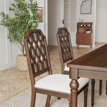 Kmax Dining Chairs Set of 2 Light Luxury Carving Craft Dining Room Chair with Brown Wood Frame Upholstered Seat Armless Chair with Lattice Back for Kitchen, White Chenille