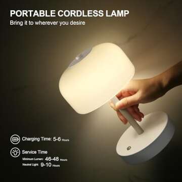 Oneach Portable Cordless Table Lamp, Rechargeable Battery Powered Lamp with Opal Glass Shade, 3-Way Dimmable LED Touch Mushroom Table Lamp for Bedroom, Bedside, Living Room, Dining Room, Patio, Black