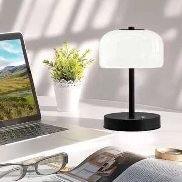 Oneach Portable Cordless Table Lamp, Rechargeable Battery Powered Lamp with Opal Glass Shade, 3-Way Dimmable LED Touch Mushroom Table Lamp for Bedroom, Bedside, Living Room, Dining Room, Patio, Black