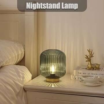 WESJO Battery Operated Table Lamp with LED Bulb, Cordless Decorative Glass Beside Lamp for Bedroom Living Room Hallway Green